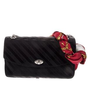 Balenciaga BB Satin Jacquard Black Logo Scarf Chain Shoulder Crossbody Bag Purse